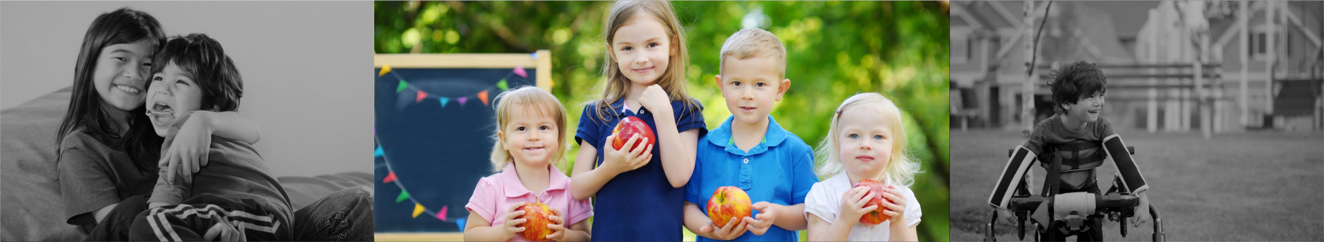 four cute kids holding apples